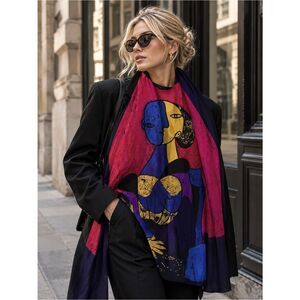 Artistic Picaso Multicolor Abstract Print Scarf - Pink, Blue & Yellow